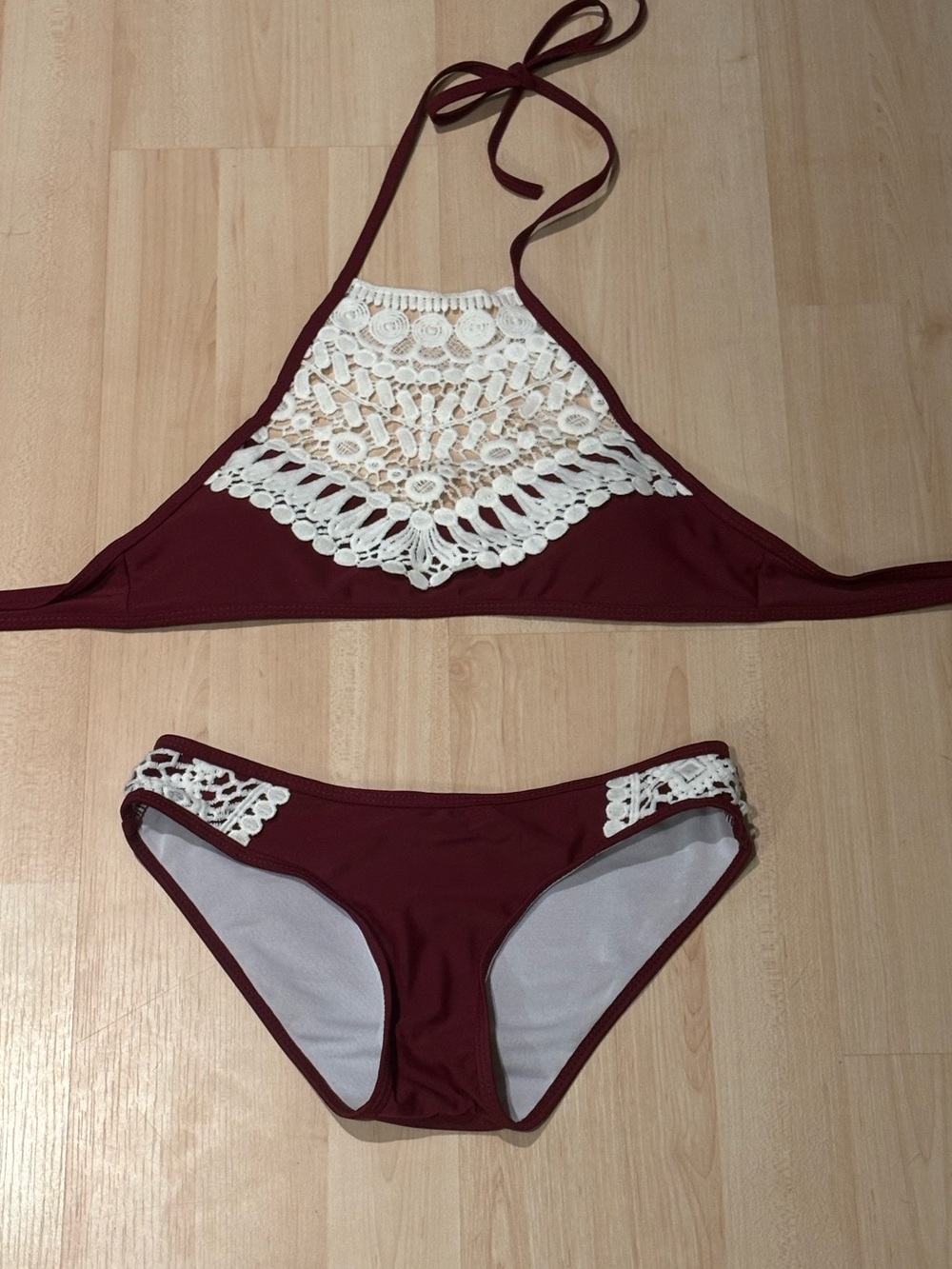 Maroon & White Lace Halter Bikini Swimsuit Set - Size S